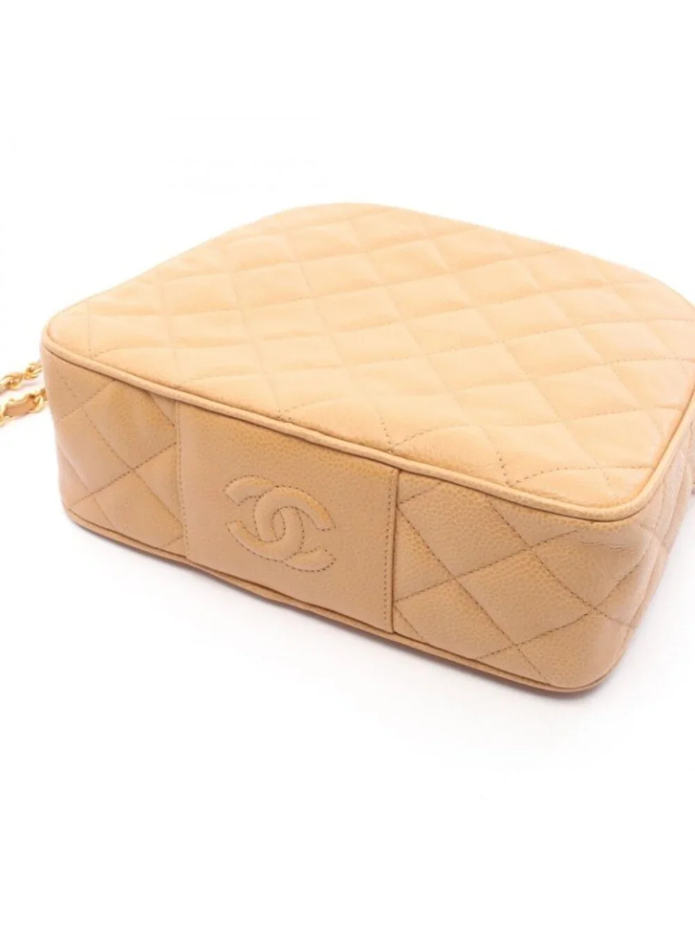 Chanel Shoulder Bag Quilted Beige Caviar Leather Chain